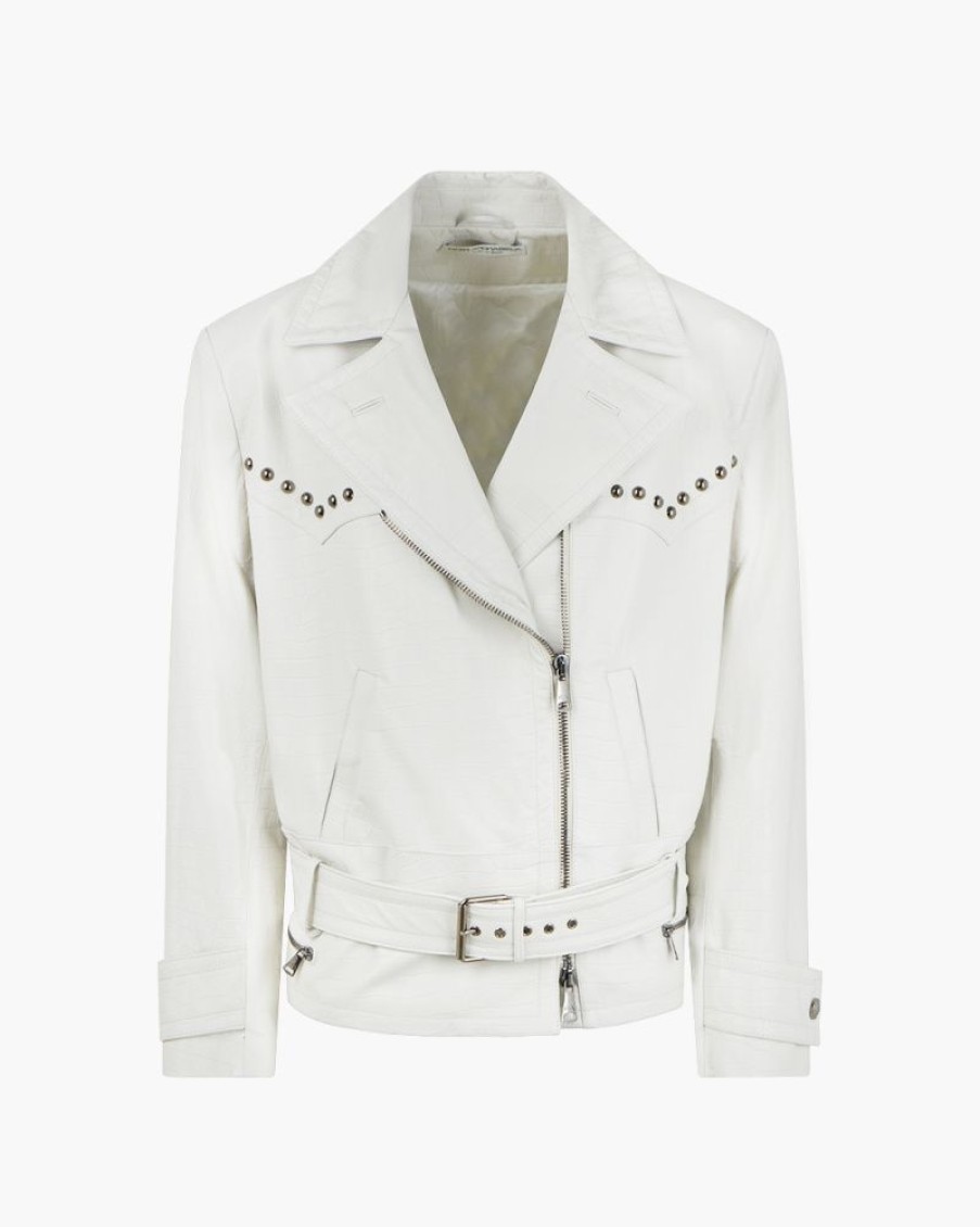 Abbigliamento ALESSANDRA RICH | Giacca Biker Oversize In Pelle Stampa Cocco Con Borchie Bianco