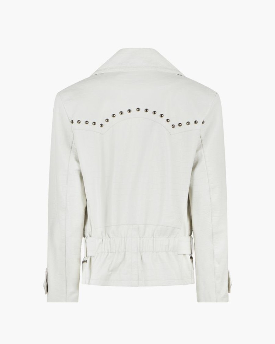 Abbigliamento ALESSANDRA RICH | Giacca Biker Oversize In Pelle Stampa Cocco Con Borchie Bianco