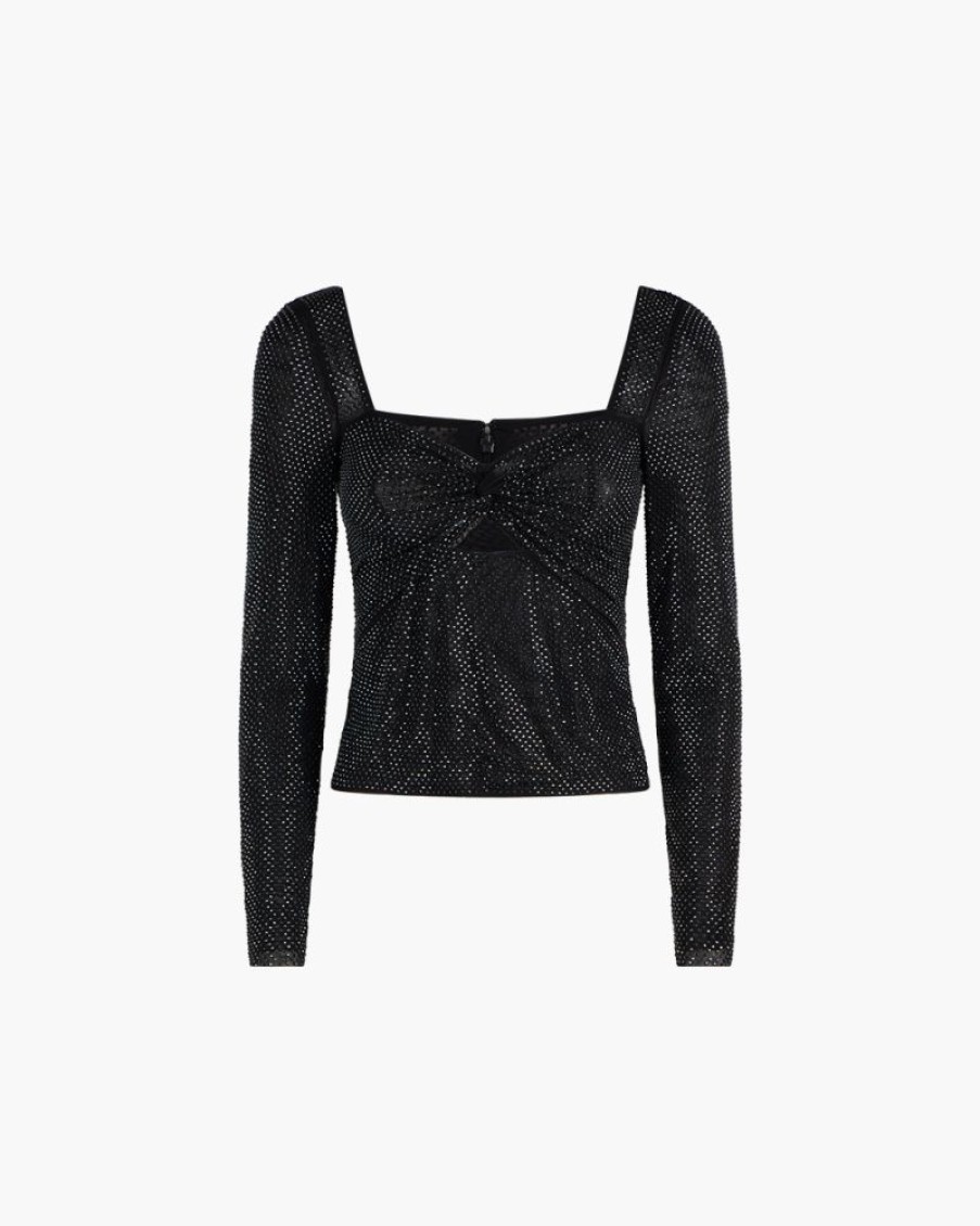 Abbigliamento SELF-PORTRAIT | Top A Maniche Lunghe Con Strass Nero