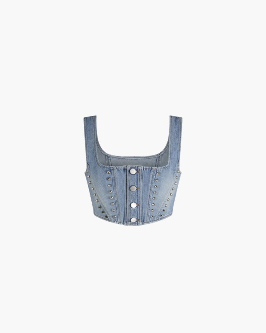 Abbigliamento ALESSANDRA RICH | Corsetto Crop Con Borchie In Denim Blu